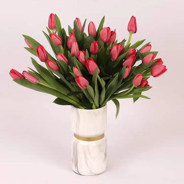 Scarlet Elegance, 31 Red Tulips, Glass Vase, Premium Ceramic, Floral Arrangement